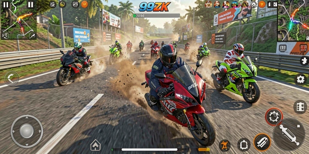 Screenshot 99ZK menampilkan aksi balapan motor yang mendebarkan.