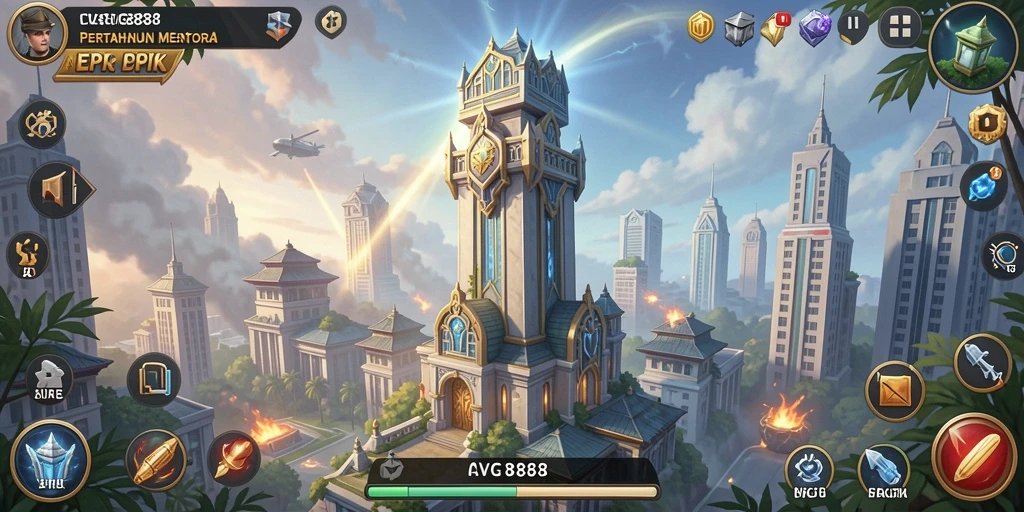 Tampilan gameplay menara dalam CVG8888 dengan berbagai strategi pertahanan.