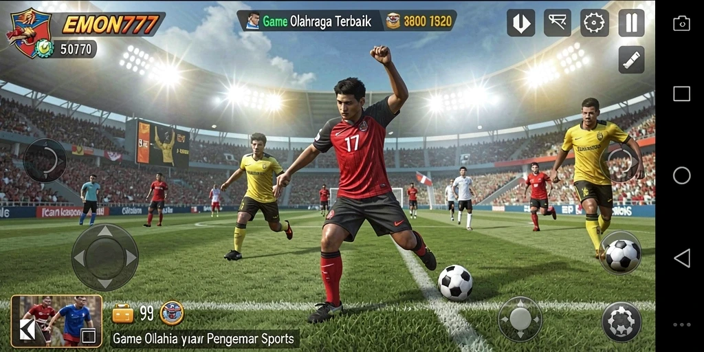 Tangkapan layar dari gameplay EMON777 yang menunjukkan aksi olahraga seru.