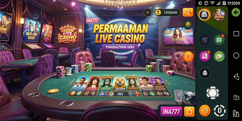 Tangkapan layar gameplay <strong>INA777</strong> menampilkan dealer langsung dan suasana kasino yang dinamis.
