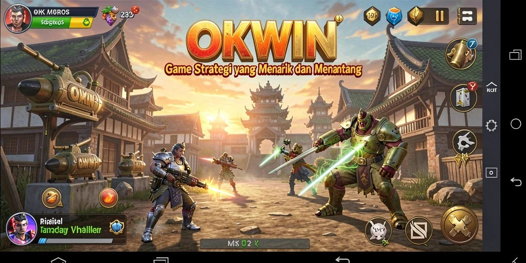 Screenshot utama OKWIN menampilkan pertempuran strategis yang intens.