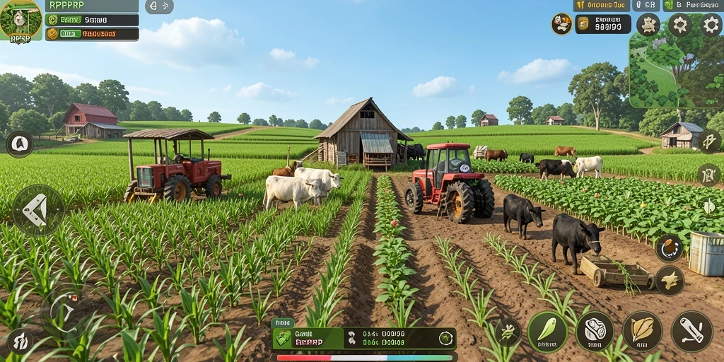 Screenshot gameplay RPRPRP menampilkan aktivitas pertanian yang seru.