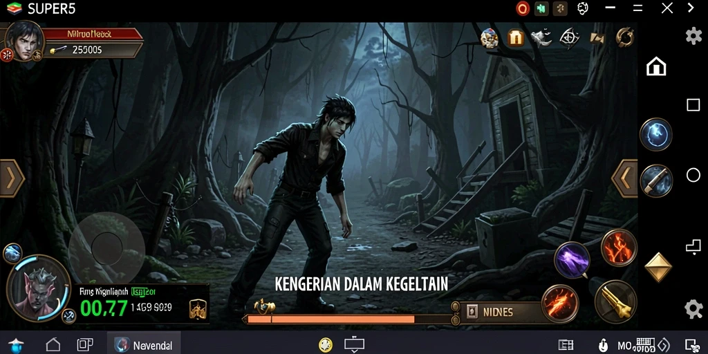 Screenshot gameplay menegangkan di SUPER5 yang menunjukkan kegelapan dan ketegangan.